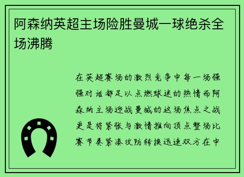 阿森纳英超主场险胜曼城一球绝杀全场沸腾